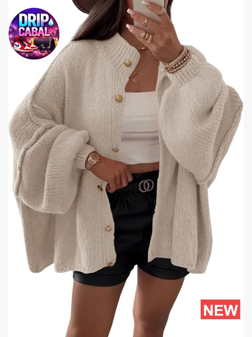 Oversized Chunky Knit Button Down Lantern Sleeve Cardigan Coat